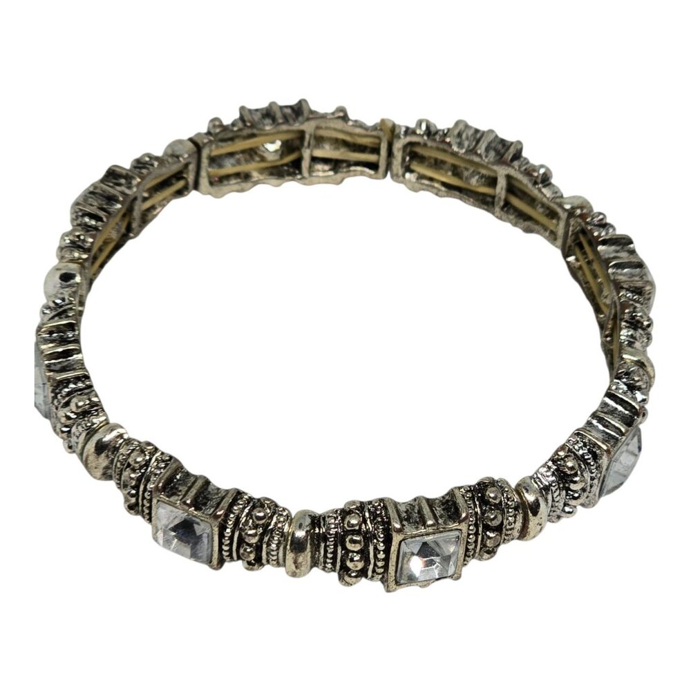 Vintage Silver Tone Stretch Bracelet Clear Rhinestone Crystal Square Ornate - Picture 8 of 10
